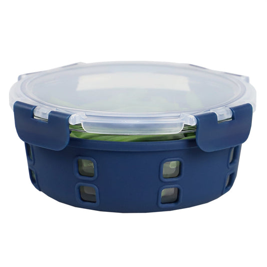 Michael Graves Design Round 32 Ounce High Borosilicate Glass Food Storage Container with Plastic Lid, Indigo