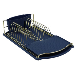 Michael Graves Design Gold Finish Steel Wire Compact Dish Rack with Oversized Utensil Holder, Indigo