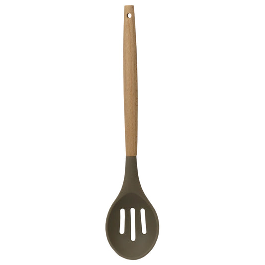 Karina High-Heat Resistance Non-Stick Safe Silicone Slotted Spoon with Easy Grip Beech Wood Handle, Grey
