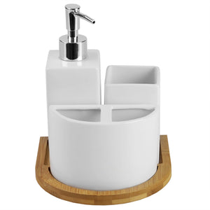 Serene Scandinavian 4 Piece Ceramic Bath Accessory Set with Bamboo Tray, White