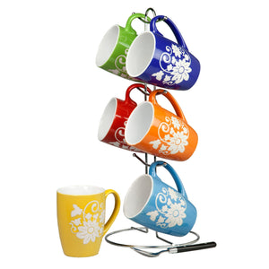 6 Piece Floral Mug Set with Stand, Multi-Color
