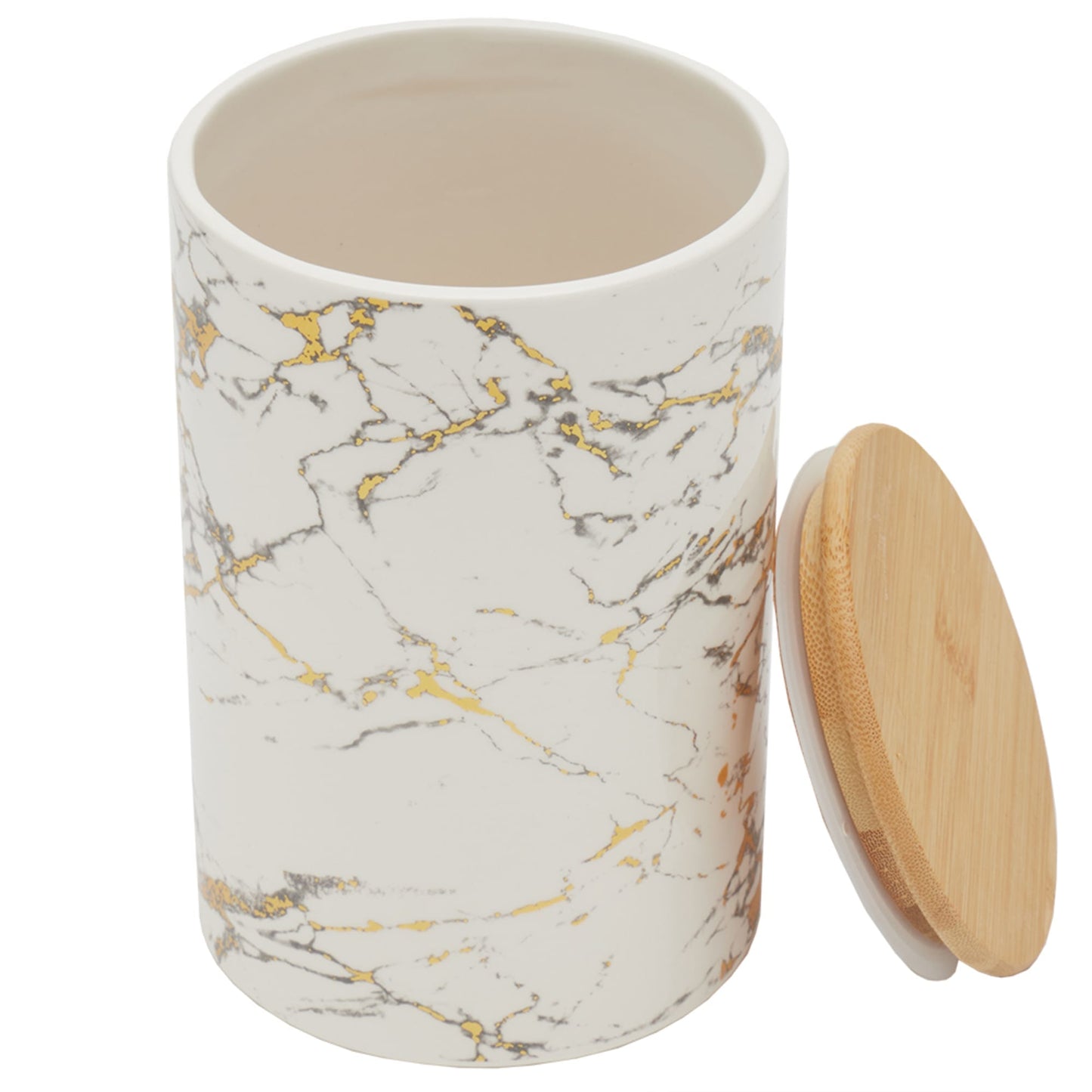 Marble Like Large Ceramic Canister with Bamboo Top, White