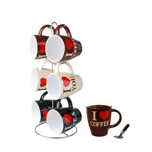 I Love Coffee 6 Piece Mug Set with Stand