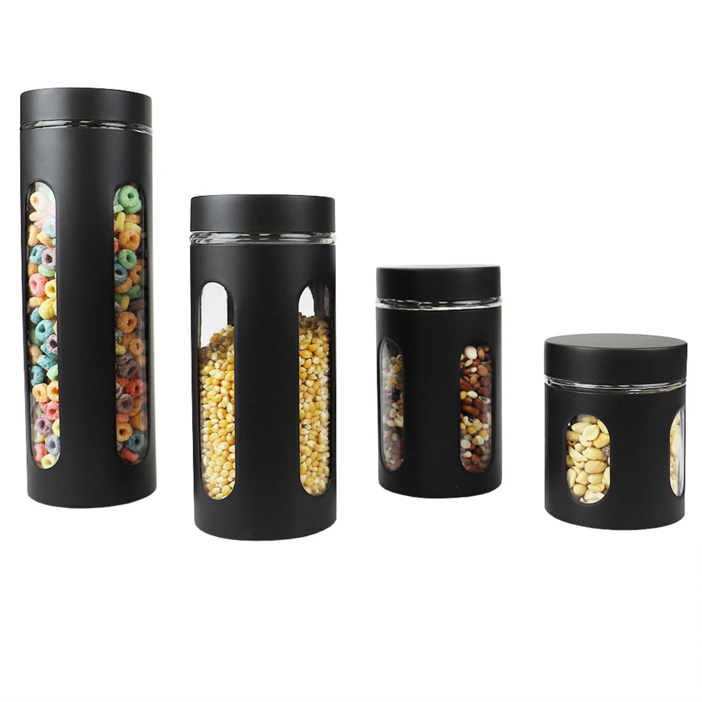4 Piece Stainless Steel Canisters with Multiple Peek-Through Windows, Black