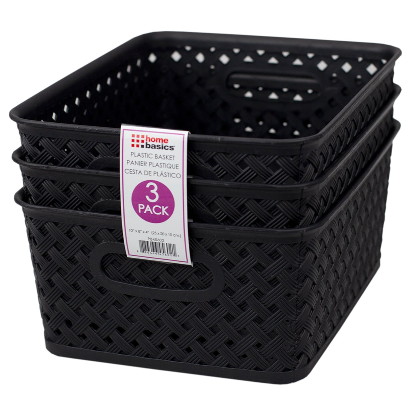 Home Basics Triple Woven 10" x 7.75" x 4" Multi-Purpose Stackable Plastic Storage Basket, (Pack of 3), Black - Black