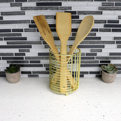 Halo Steel Cutlery Holder with Mesh Bottom and Non-Skid Feet, Gold