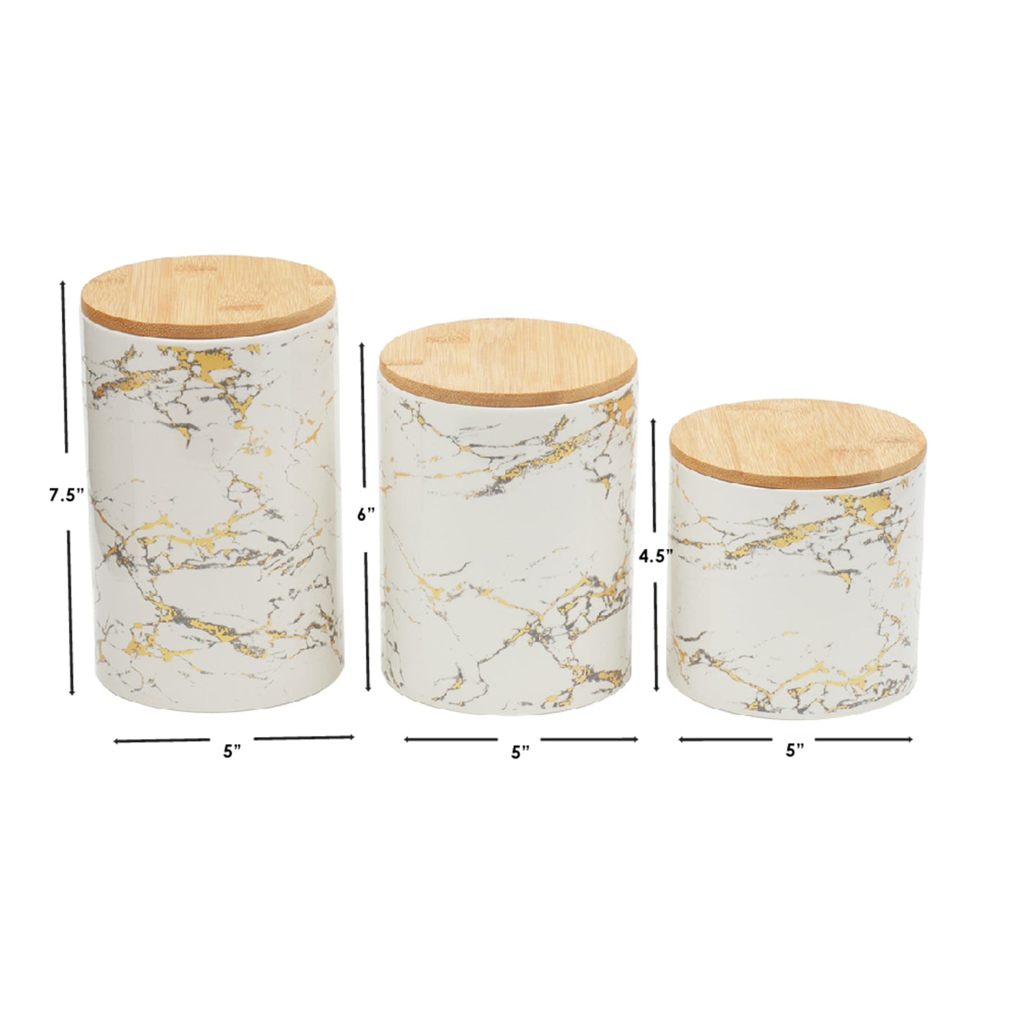 Faux Marble 3 Piece Ceramic Canister Set With Bamboo Tops, White