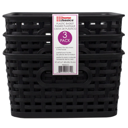 Home Basics Crossweave 10" x 7.5" x 4" Multi-Purpose Stackable Plastic Storage Basket, (Pack of 3), Black - Black