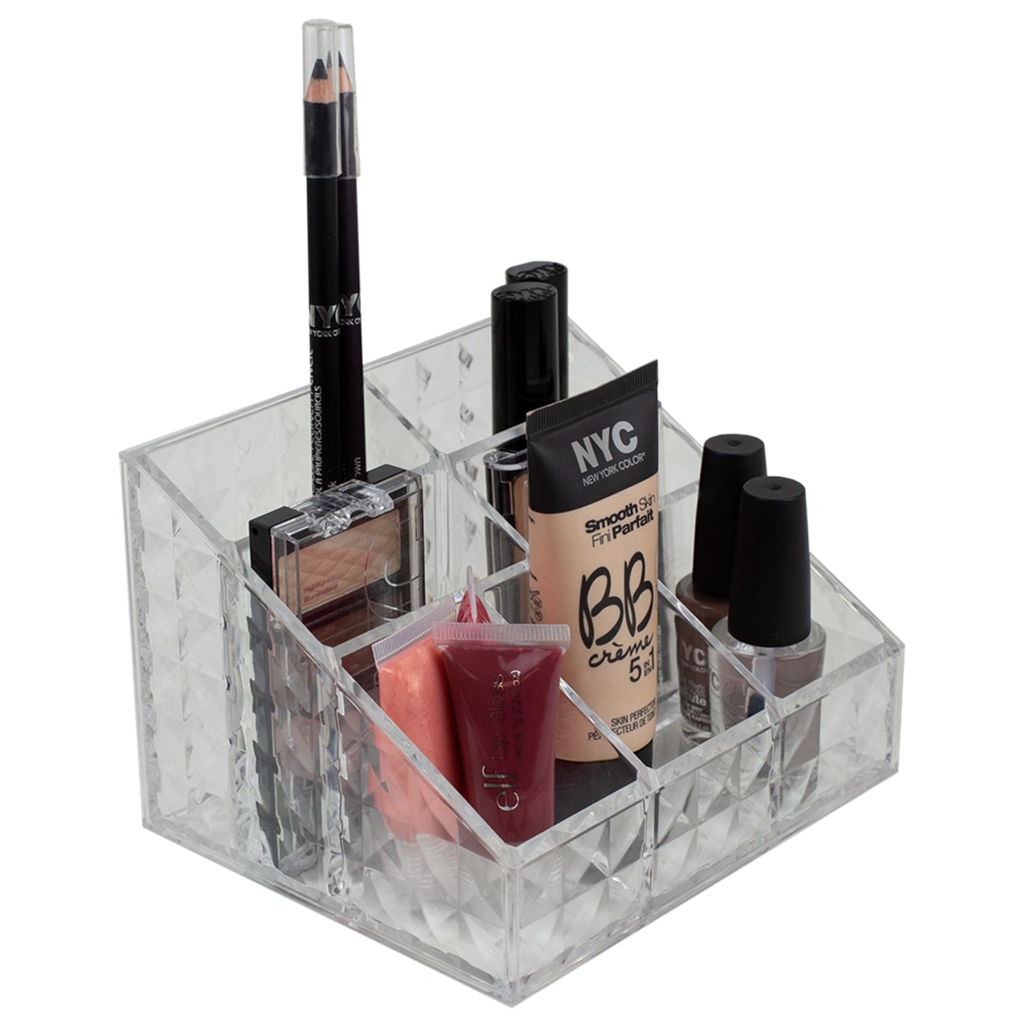 Beveled Shatter-Resistant Plastic 7 Compartment Square Cosmetic Organizer, Clear