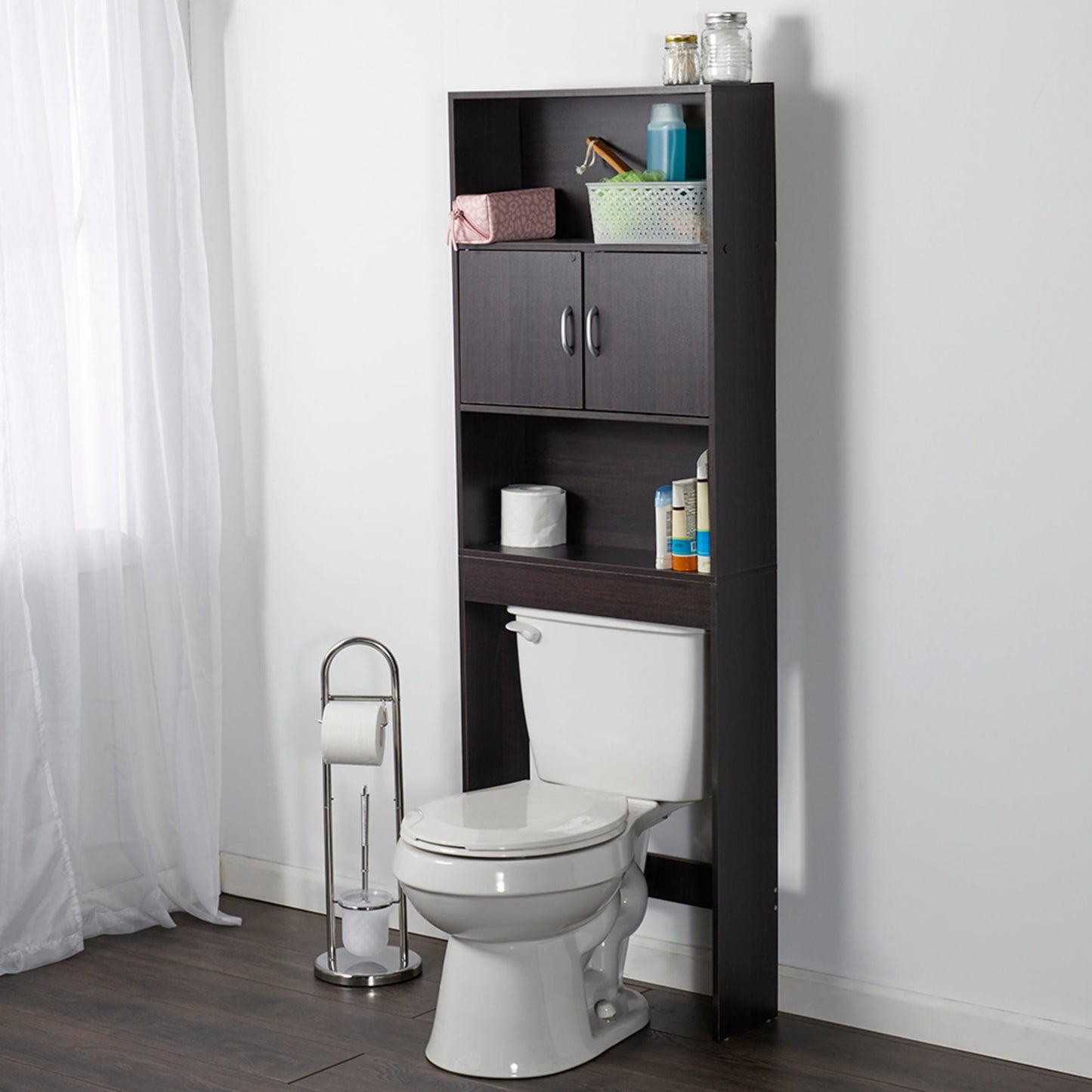 3 Tier Wood Space Saver Over the Toilet Bathroom Shelf  with Open Shelving and Cabinets, Mahogany