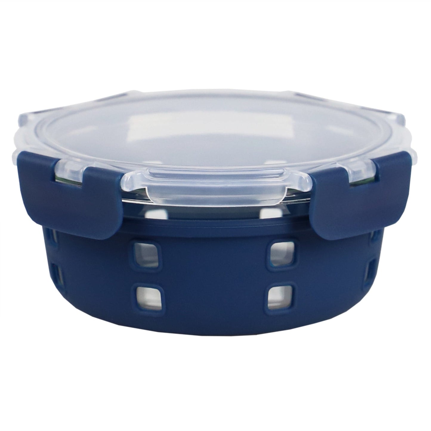 Michael Graves Design Round 21 Ounce High Borosilicate Glass Food Storage Container with Plastic Lid, Indigo
