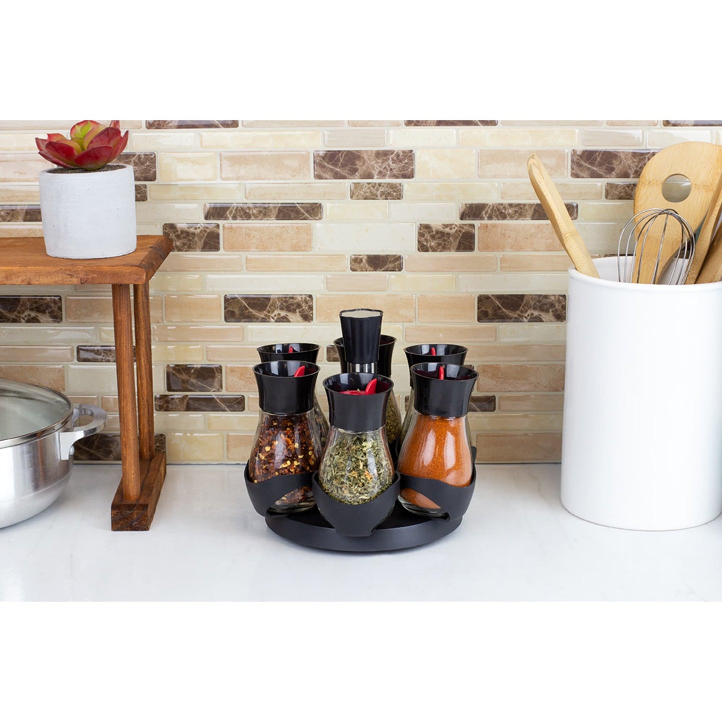 Home Basics Contemporary Low Profile Revolving 8-Jar Spice Rack Set, Black