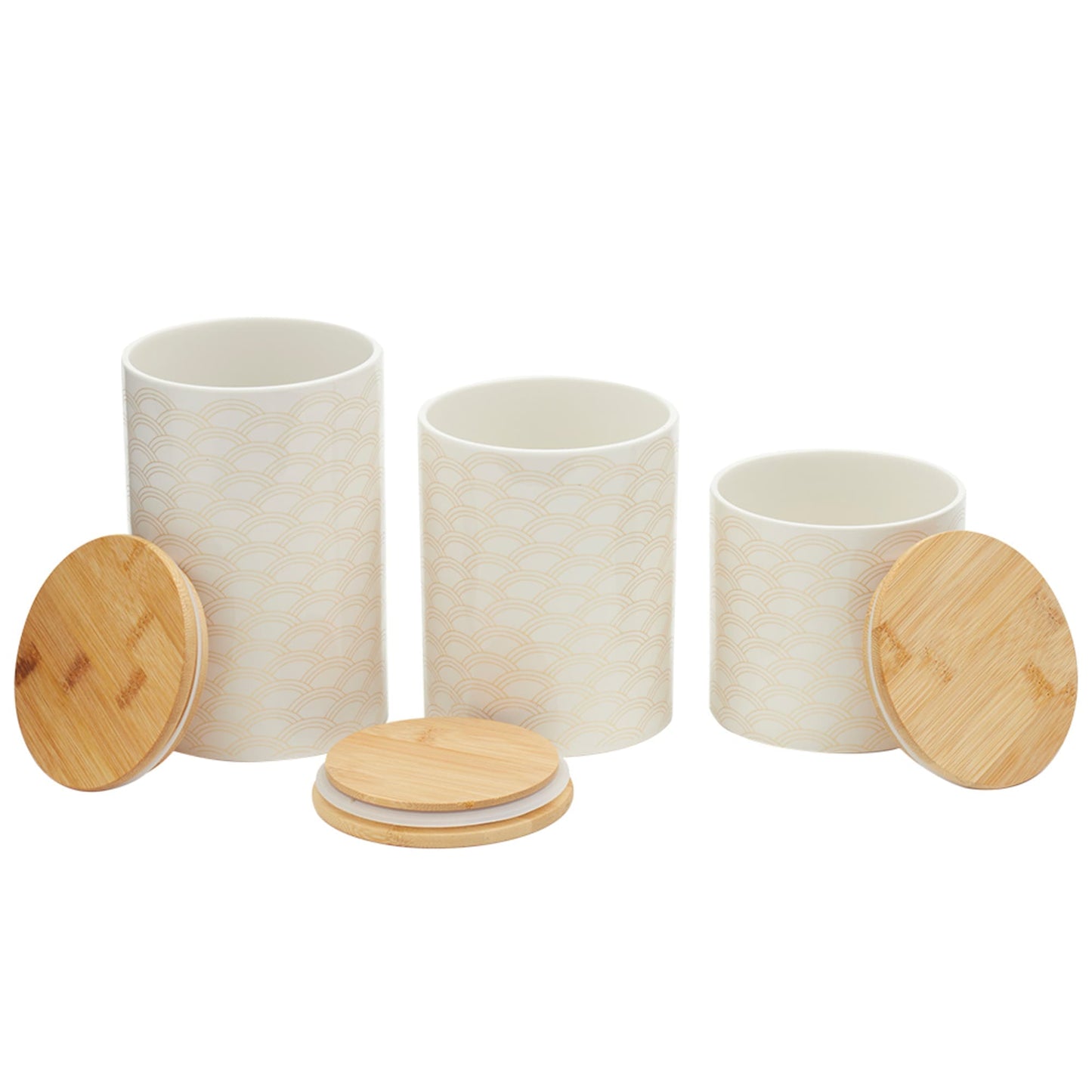 Scallop 3 Piece Ceramic Canister Set With Bamboo Tops, White