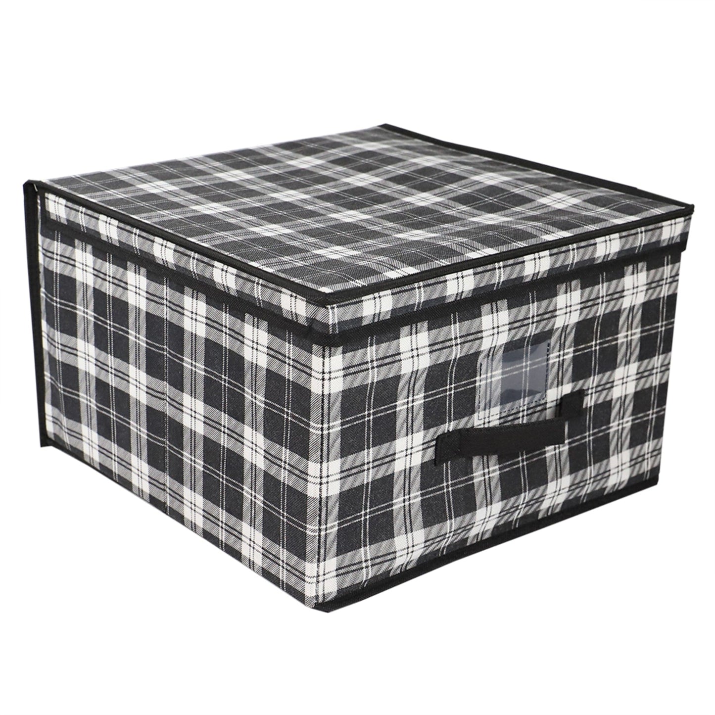 Plaid Non-Woven Jumbo Storage Box with Label Window, Black