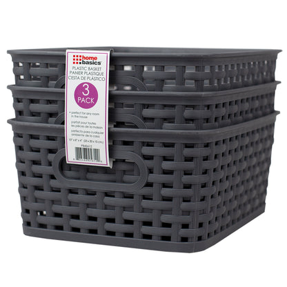 Home Basics Crossweave 10" x 7.5" x 4" Multi-Purpose Stackable Plastic Storage Basket, (Pack of 3), Grey - Grey