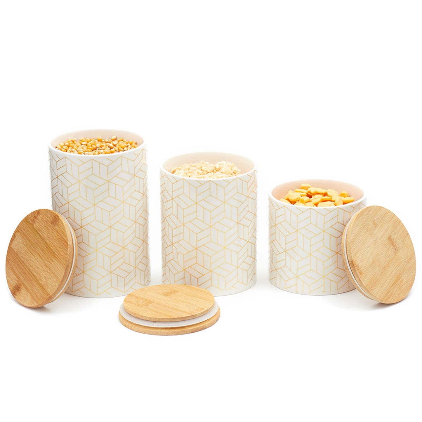 Cubix 3 Piece Ceramic Canister Set with Bamboo Top, White