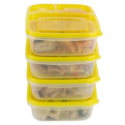 3 Section Plastic Food Storage Containers, (Set of 4), Yellow