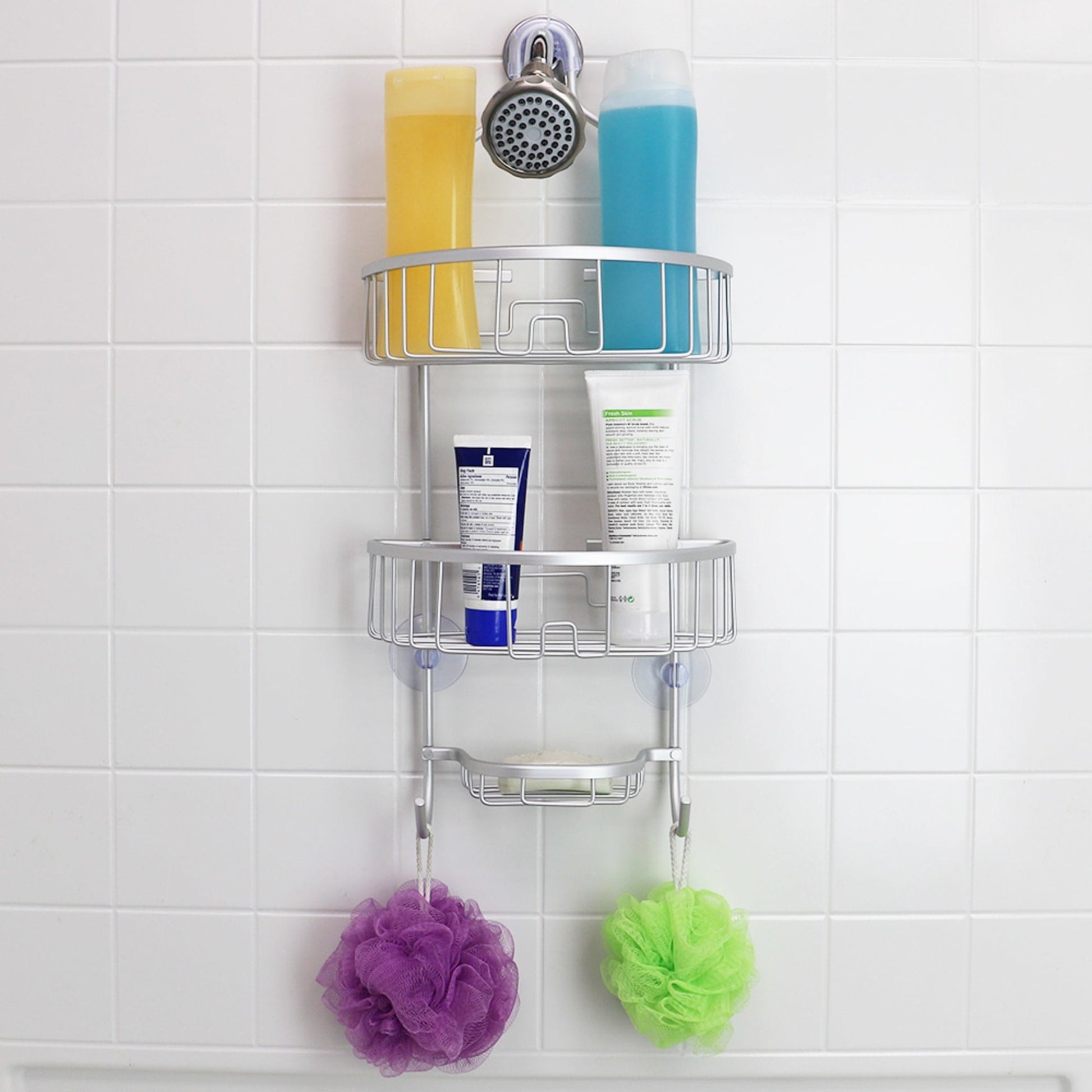 Home Basics Unity 2 Tier Shower Caddy with Bottom Hooks and Center Soap  Dish Tray, SHOWER