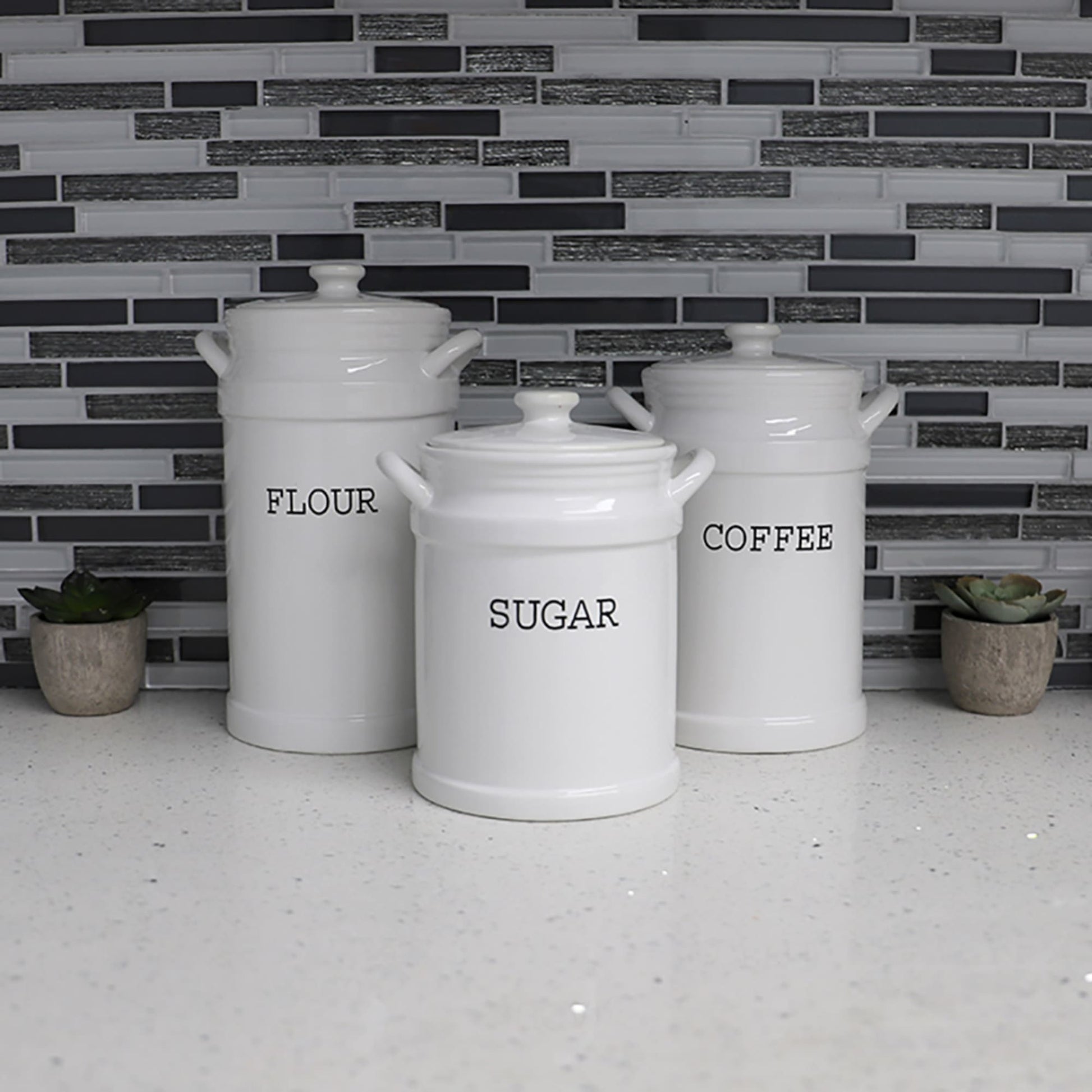 Kitchen Counter Canister Set 3 Piece Ceramic White Black Lid Dry Food  Storage