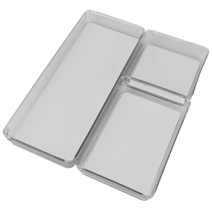 Three Compartment Multi-Purpose Storage 3 Piece Rubber-Lined Plastic Drawer Organizer Set, Grey