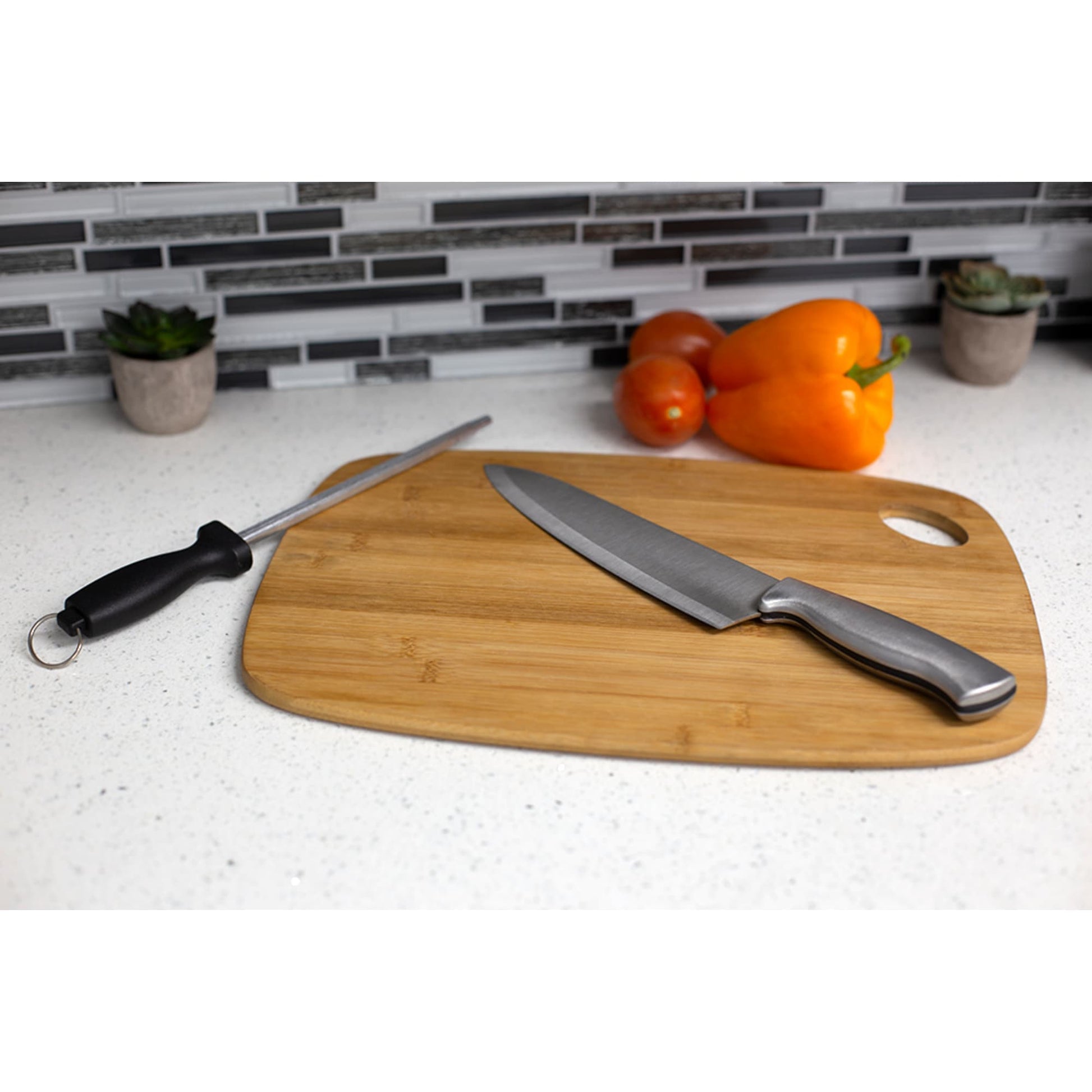 Home Basics Stainless Steel Knife Set with Knife Blade Sharpener, Grey, FOOD PREP