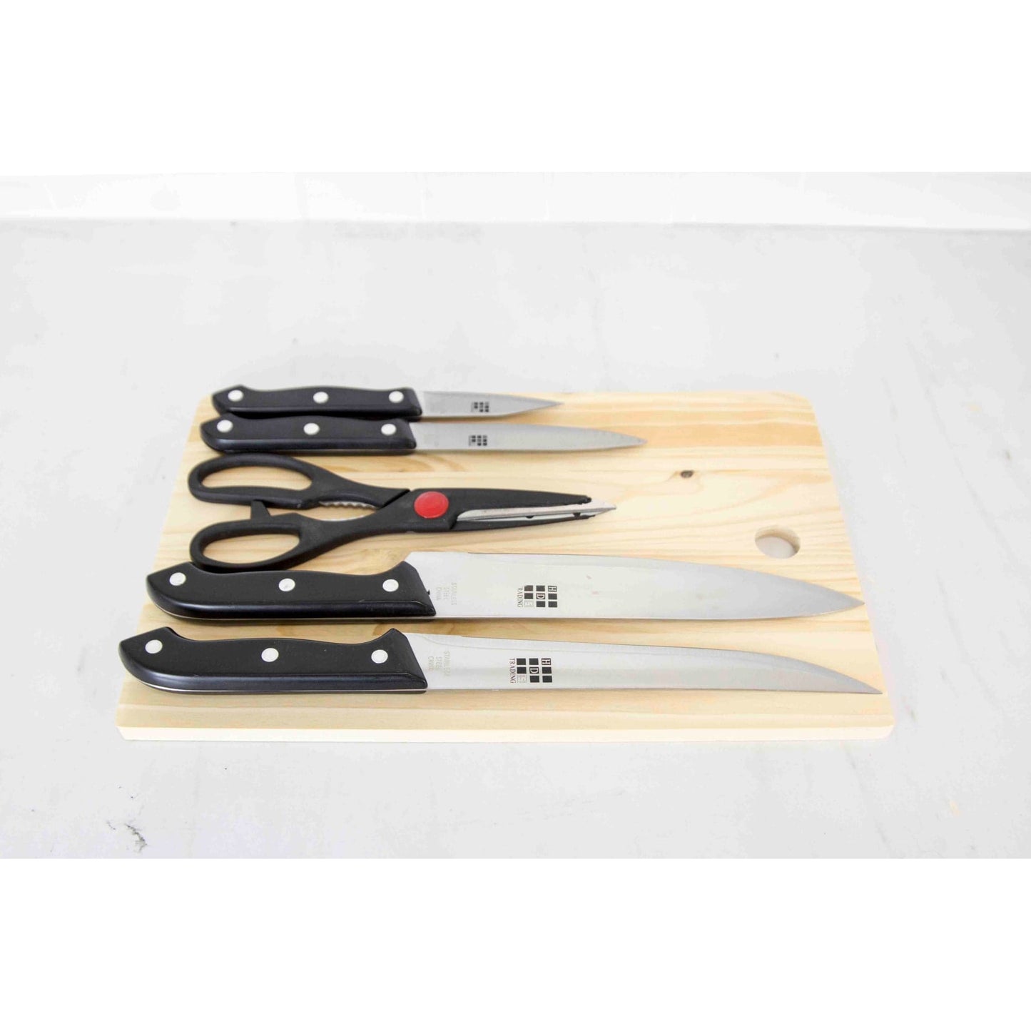 Essentials Series 5 Piece Stainless Steel Knife Set with All Natural Wood Cutting Board