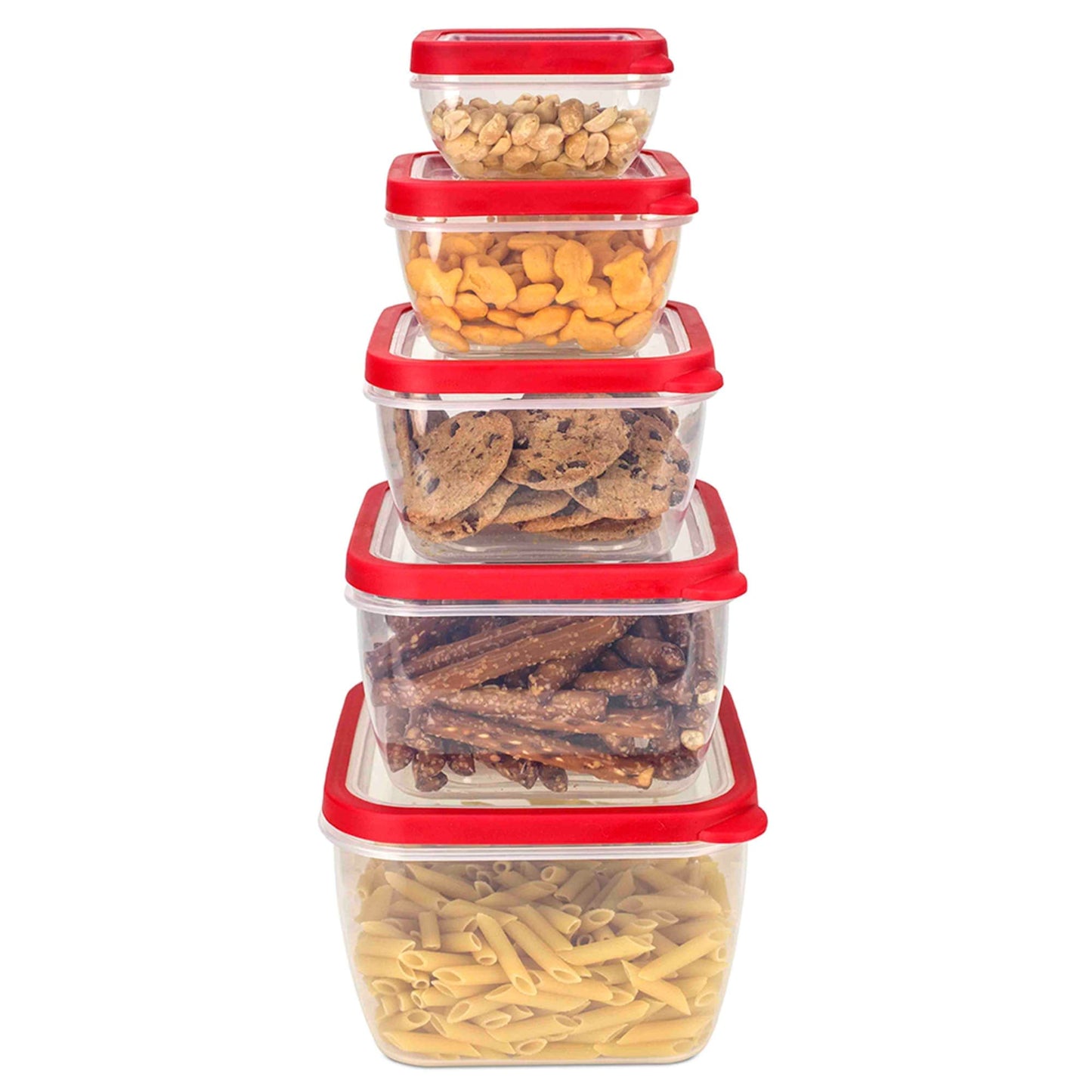 5 Piece Spill-Proof Square Plastic Food Storage Container with Ventilated, Snap-On Lids, Red