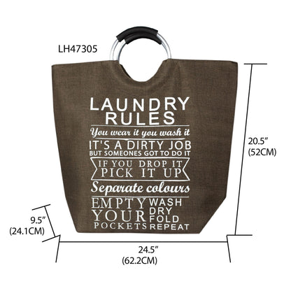 Laundry Rules Canvas Hamper Tote with Soft Grip Handles, Brown
