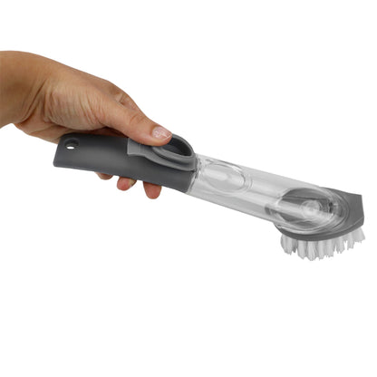 Heavy Duty Soap Dispensing Plastic Dish Brush with No Slip Grip Handle, Grey