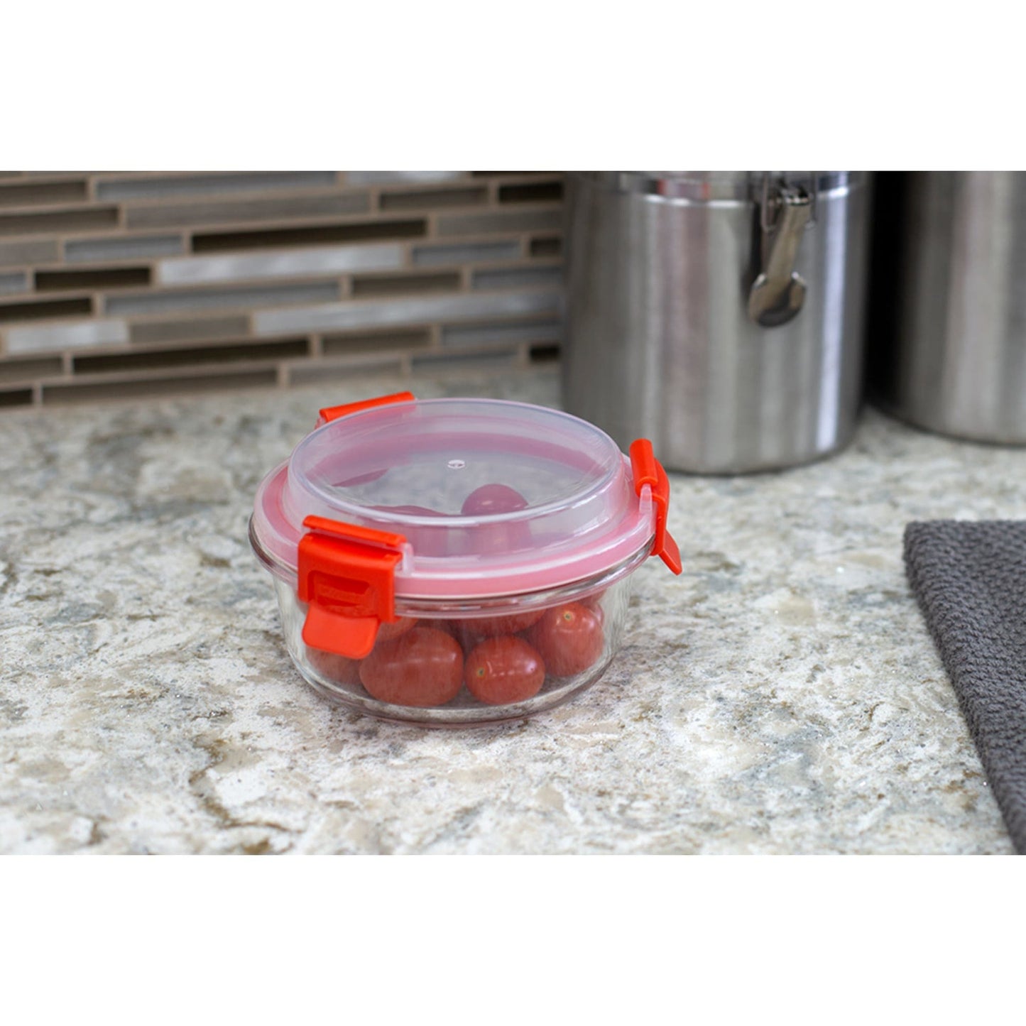 Leak Proof  13 oz. Round  Borosilicate Glass Food Storage Container with Air-tight Plastic Lid, Red