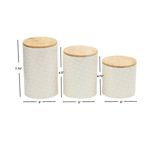 Scallop 3 Piece Ceramic Canister Set With Bamboo Tops, White