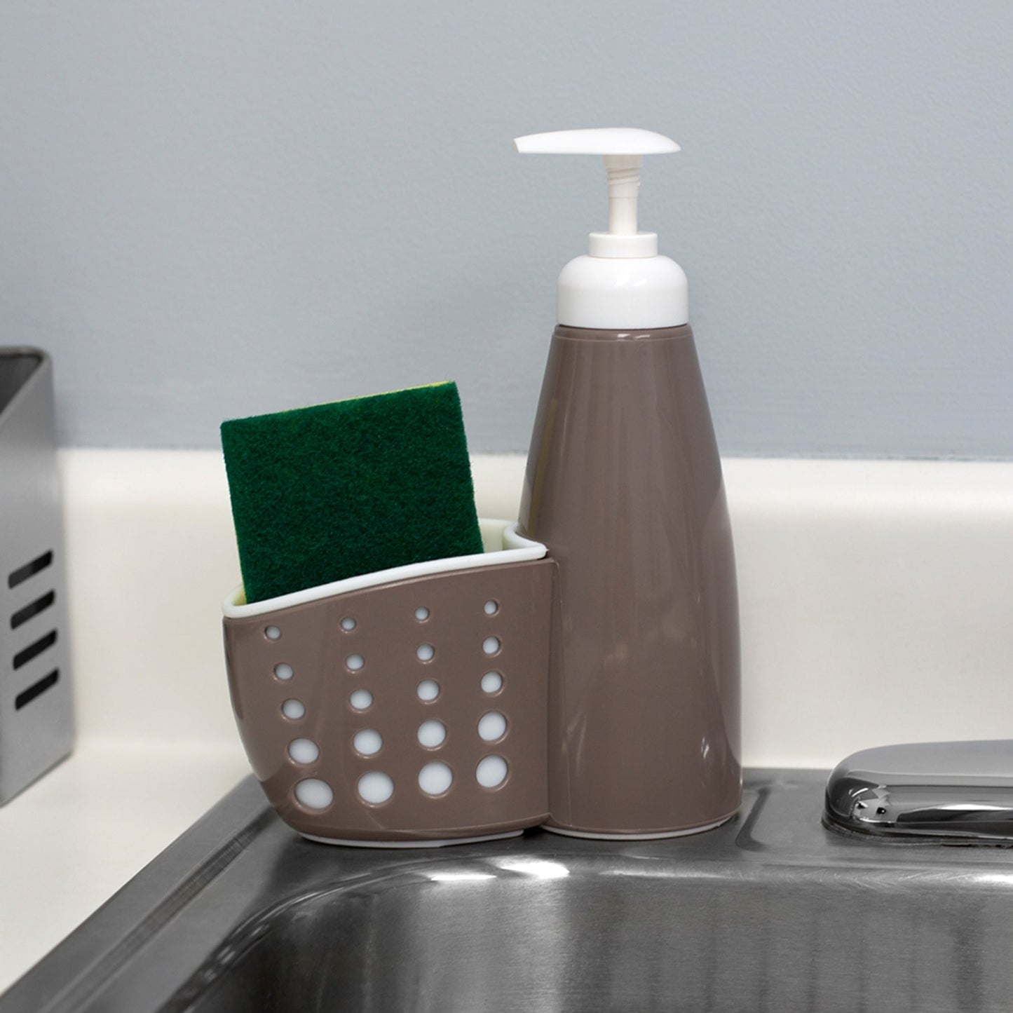 Soap Dispenser with Perforated Sponge Holder, Grey