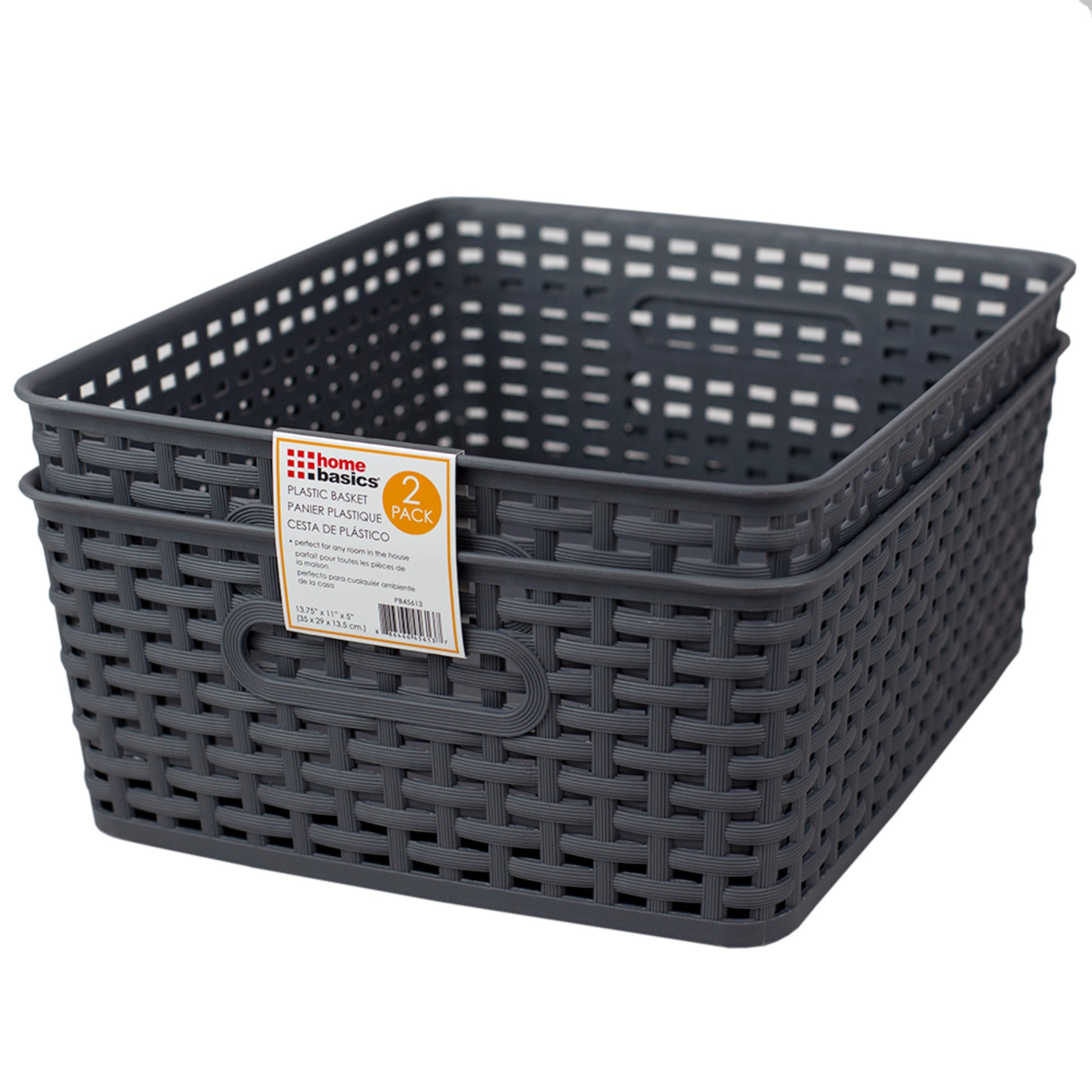 Home Basics Crossweave 14" x 11.75" x 5.25" Multi-Purpose Stackable Plastic Storage Basket, (Pack of 2), Grey - Grey