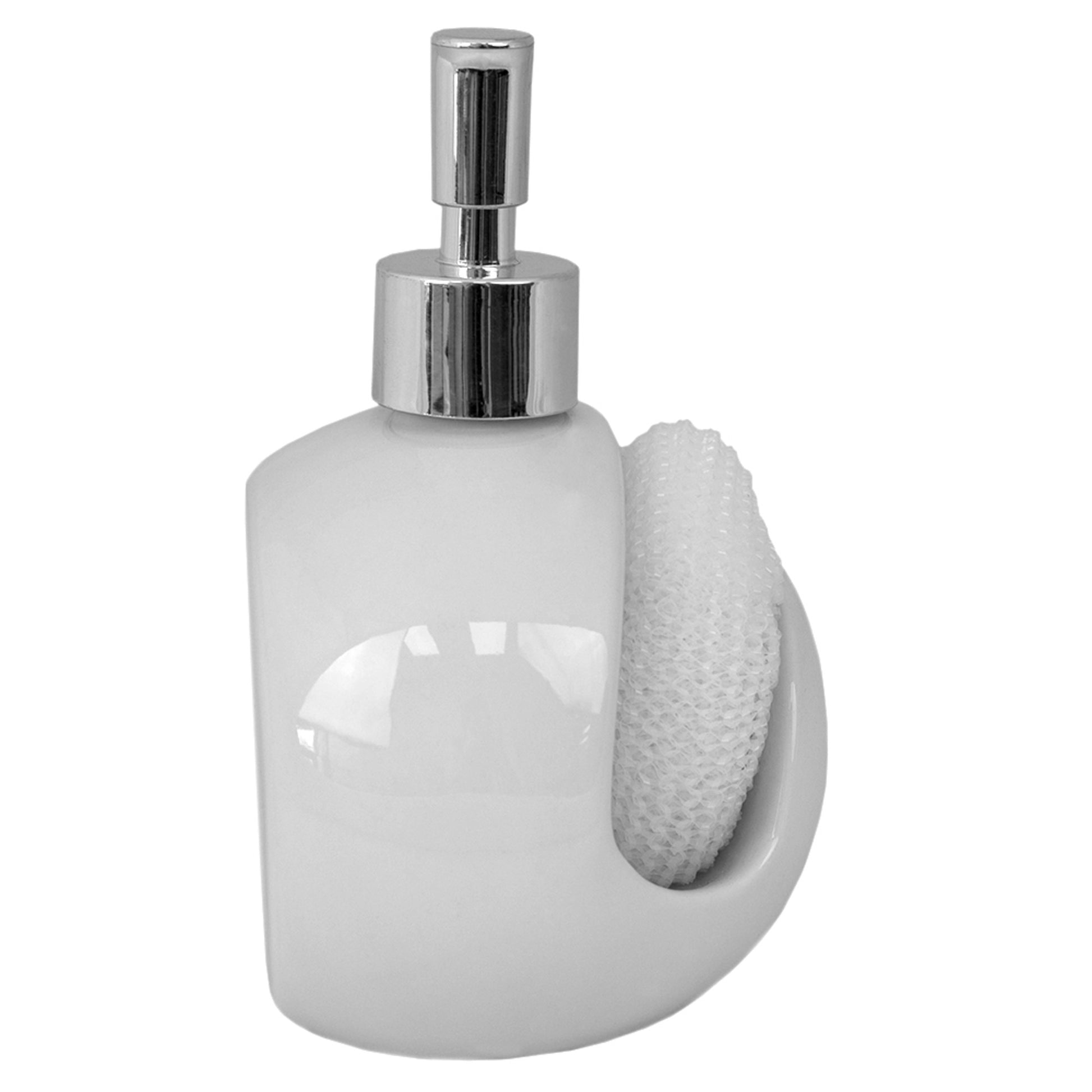 Home Basics Round 8 oz. Ceramic Soap Dispenser with Sponge - White