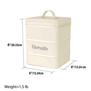 2.8 LT Large Vintage Retro Enamel High Strength Tin Square Canister with Tight-Fit Lid and Easy Lift Handle, Ivory