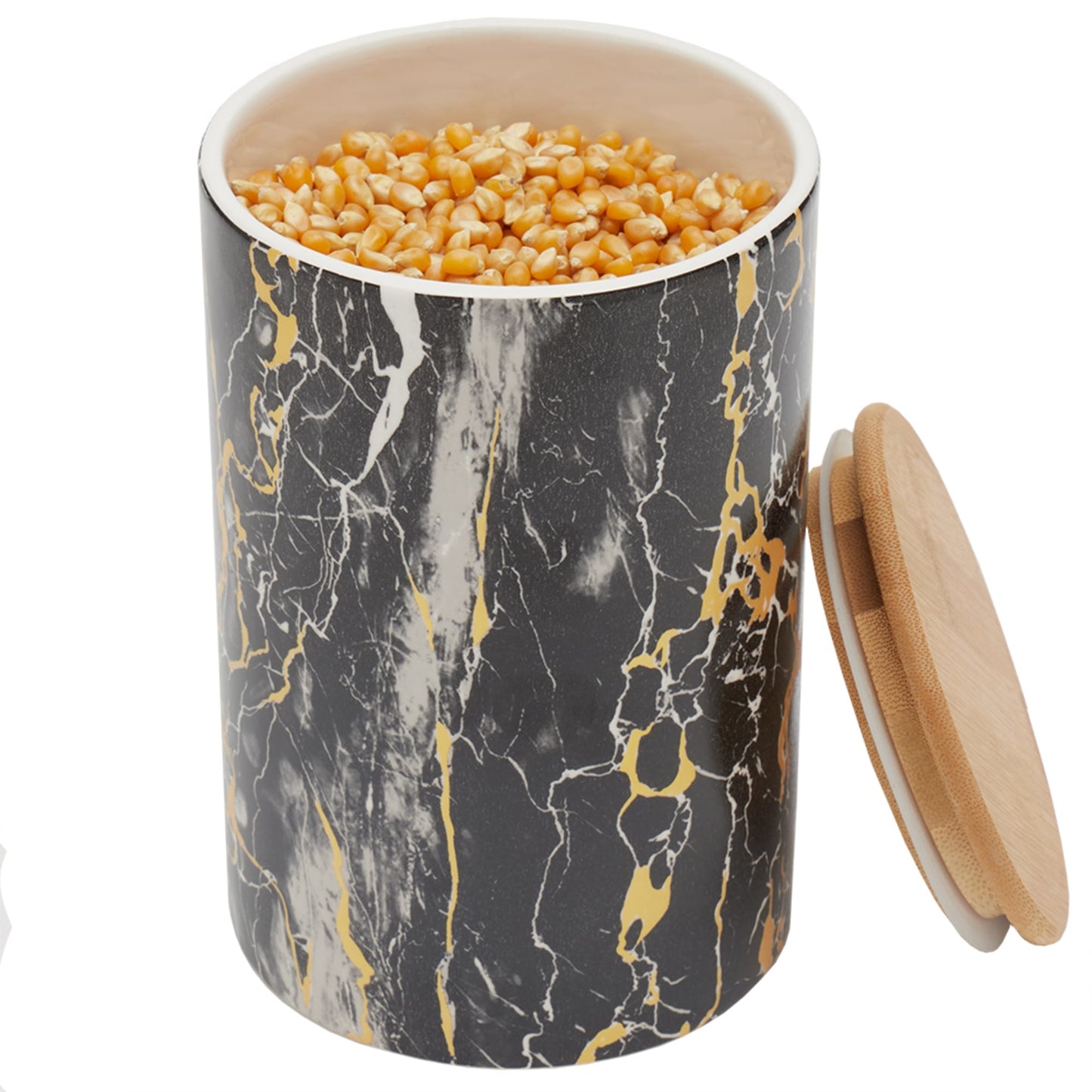 Marble Like Large Ceramic Canister with Bamboo Top, Black
