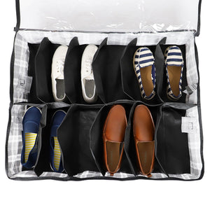Plaid Non-Woven 12 Pair Under the Bed Shoe Organizer with Clear Top, Black