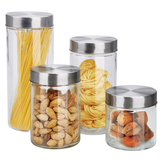 4 Piece Glass Canister Set with Stainless Steel Lids