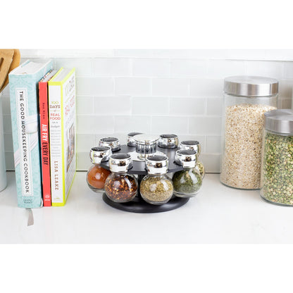 Home Basics Contemporary Low Profile Revolving 8-Jar Spice Rack Set, Black