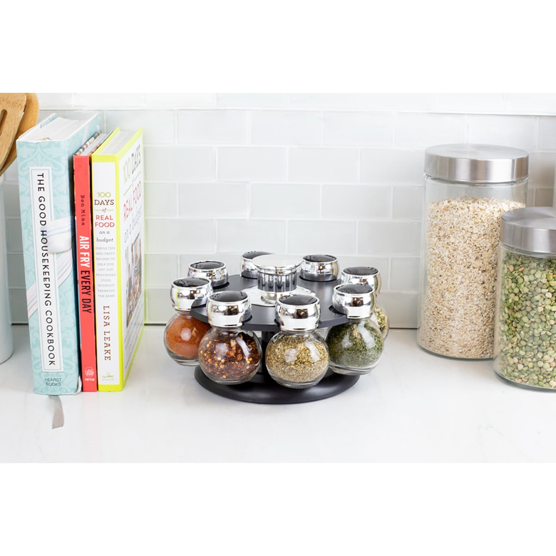 Home Basics Contemporary Low Profile Revolving 8-Jar Spice Rack Set, Black, FOOD PREP