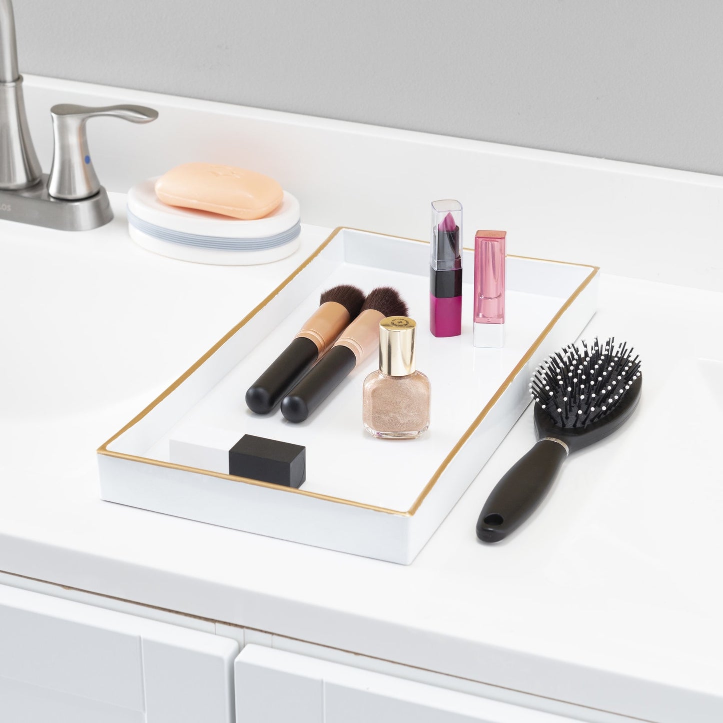 White Plastic Vanity Tray with Gold Trim