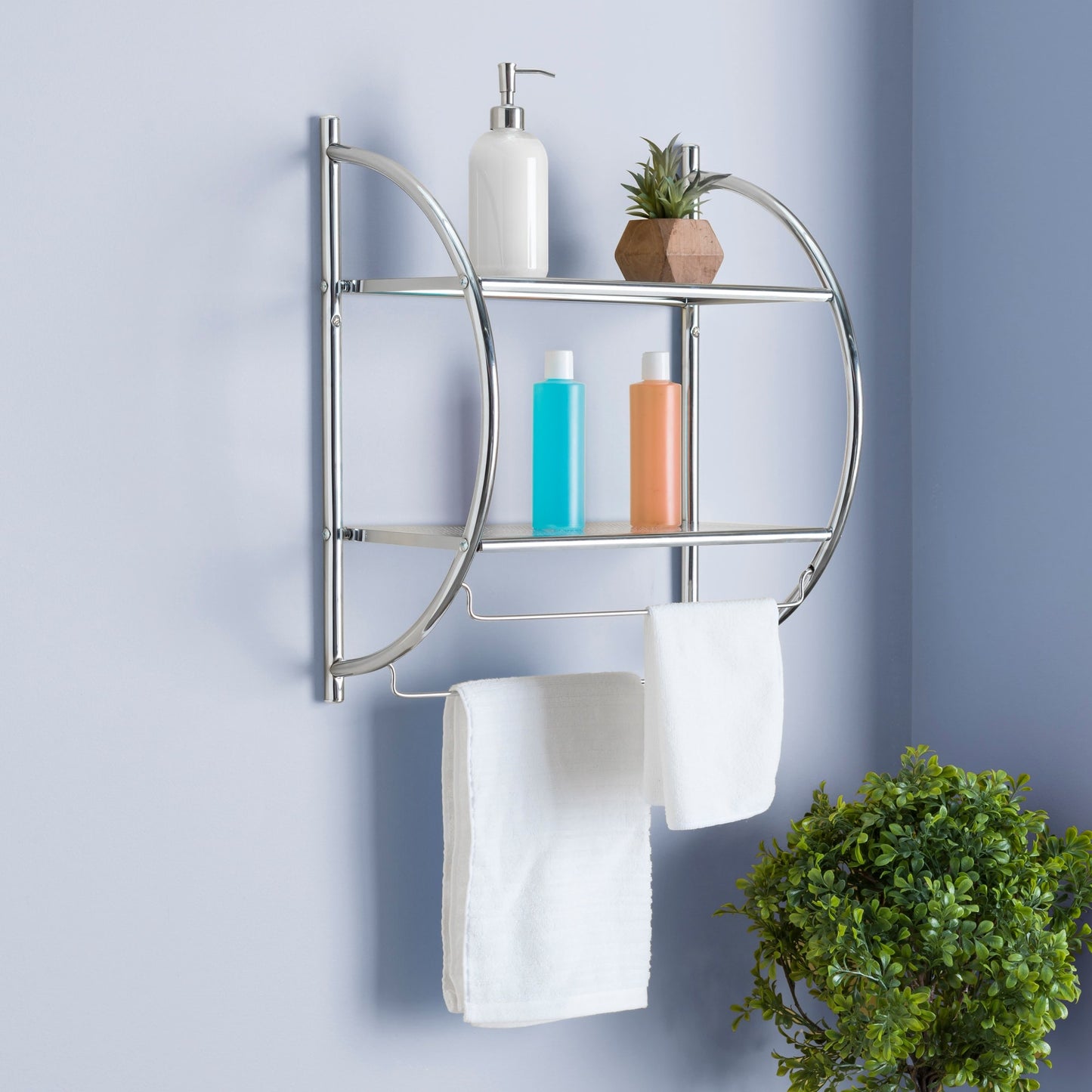 2 Tier Wall Mounting Chrome Plated Steel Bathroom Shelf with Towel Bar
