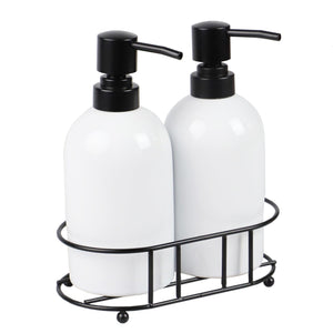 2 Piece Ceramic Soap Dispenser Set with Metal Caddy, White
