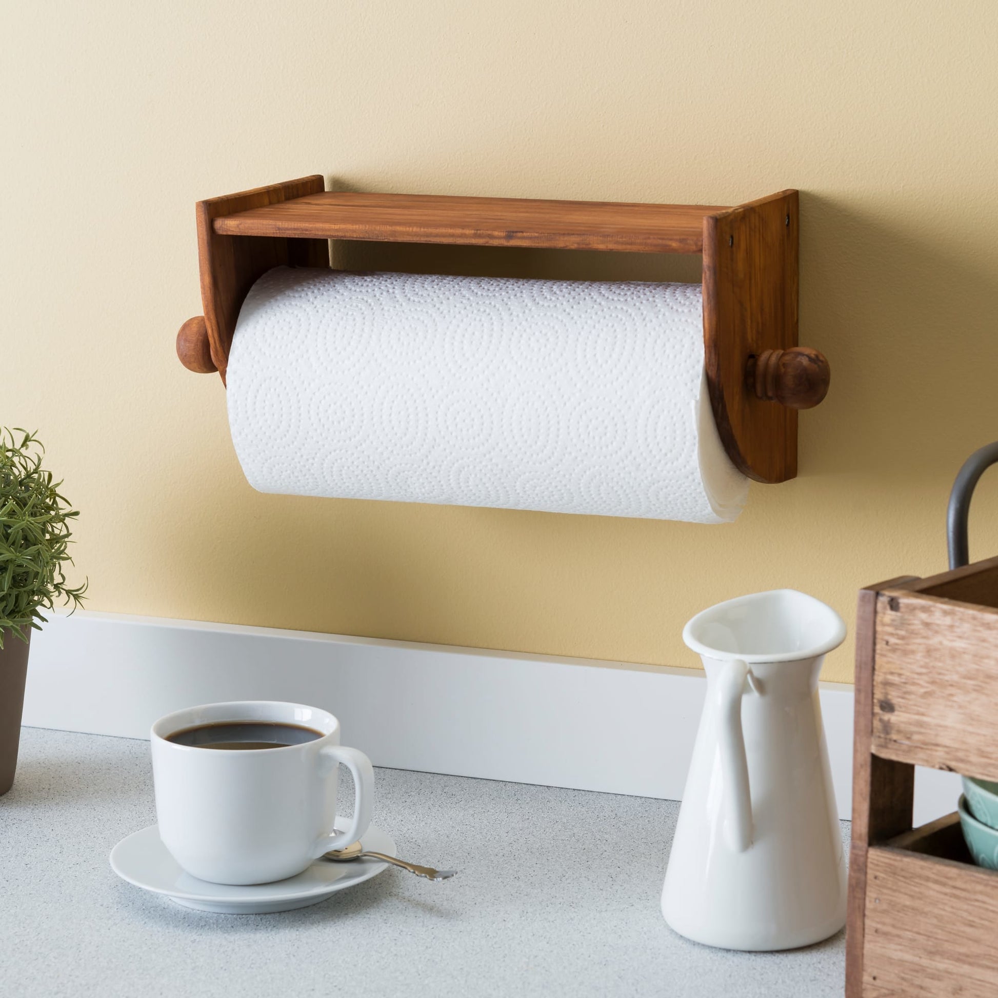 Quick Install Rustic Pine Wood Wall Mounted Paper Towel Holder with Flat  Top, Brown, KITCHEN ORGANIZATION
