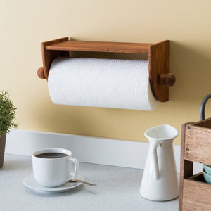 Quick Install Rustic Pine Wood Wall Mounted Paper Towel Holder with Flat Top, Brown