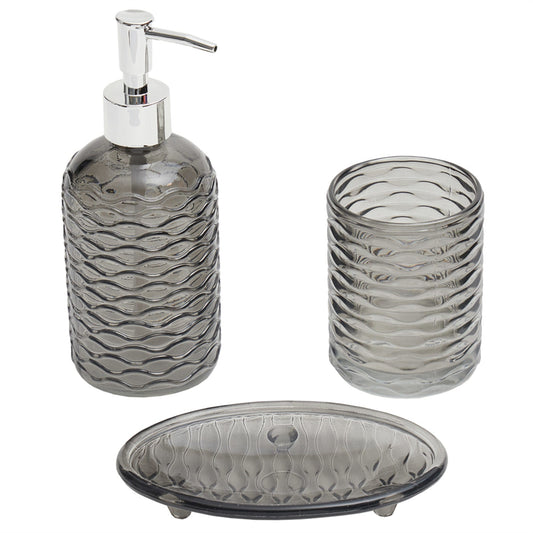 Rippled 3 Piece Glass Bath Accessory Set, Grey