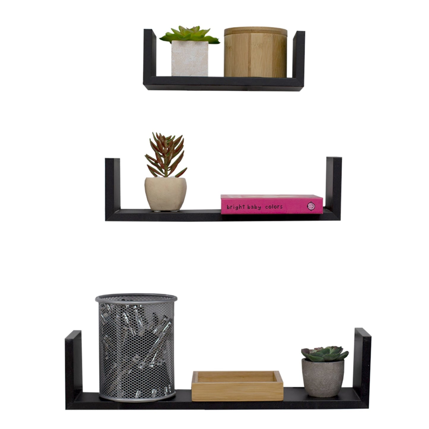 Floating Wood Shelf, (Set of 3), Black