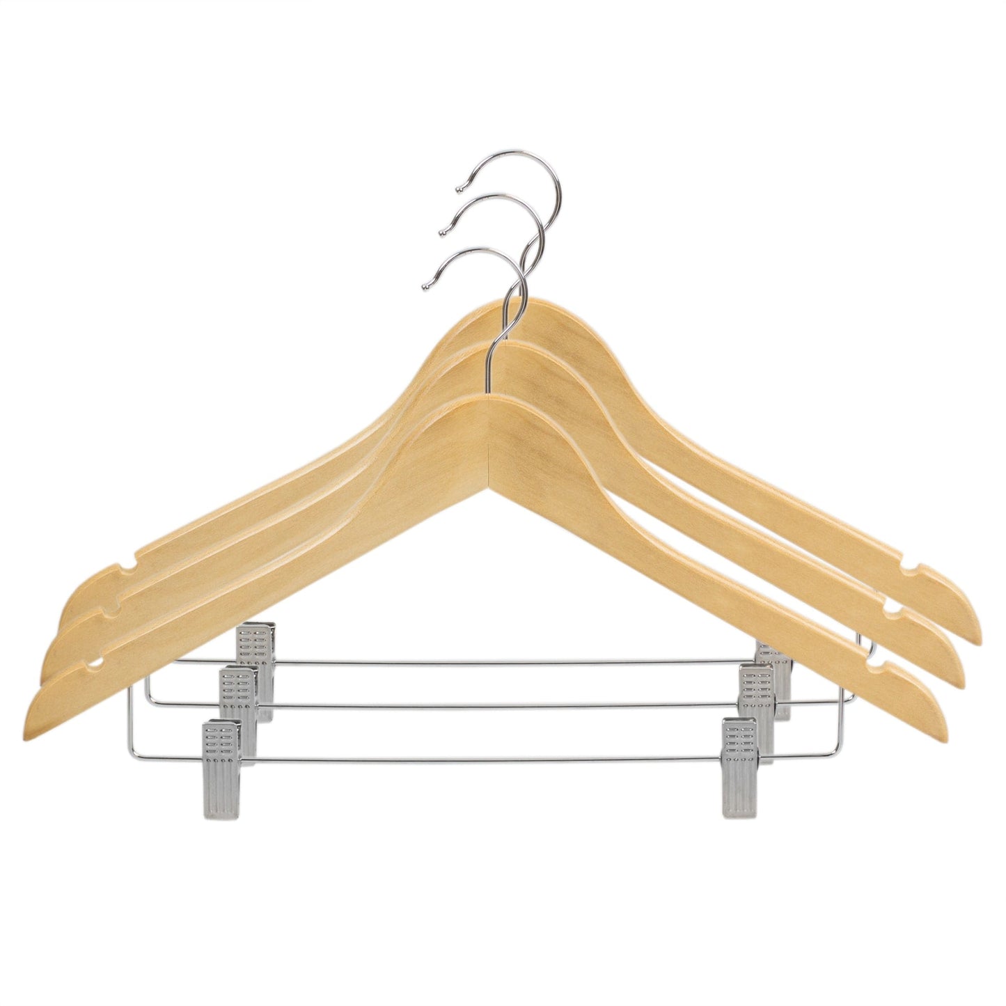 Non-Slip Curved Ultra Smooth Wood Hanger with Metal Clips, (Pack of 3), Natural