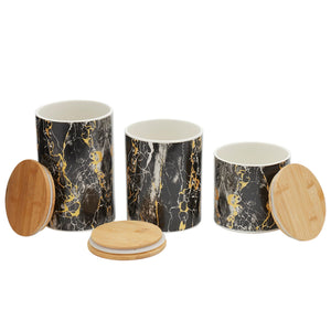 Faux Marble 3 Piece Ceramic Canister Set with Bamboo Top, Black