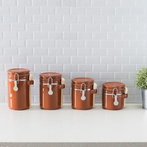 4 Piece Ceramic Canisters with Easy Open Air-Tight Clamp Top Lid and Wooden Spoons, Brown